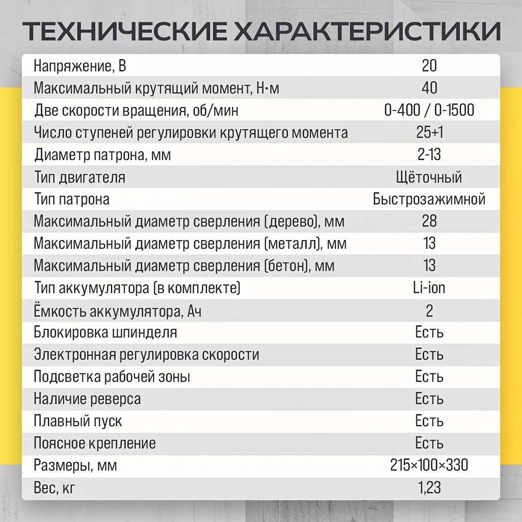 Дрель-шуруповёрт аккумуляторная TECHNICOM TC-CD797, 20В, 2Ач, 2-13мм диаметр патрона, 2 скорости 0-400/0-1500 об/мин, 25+1 ступеней крутящего момента