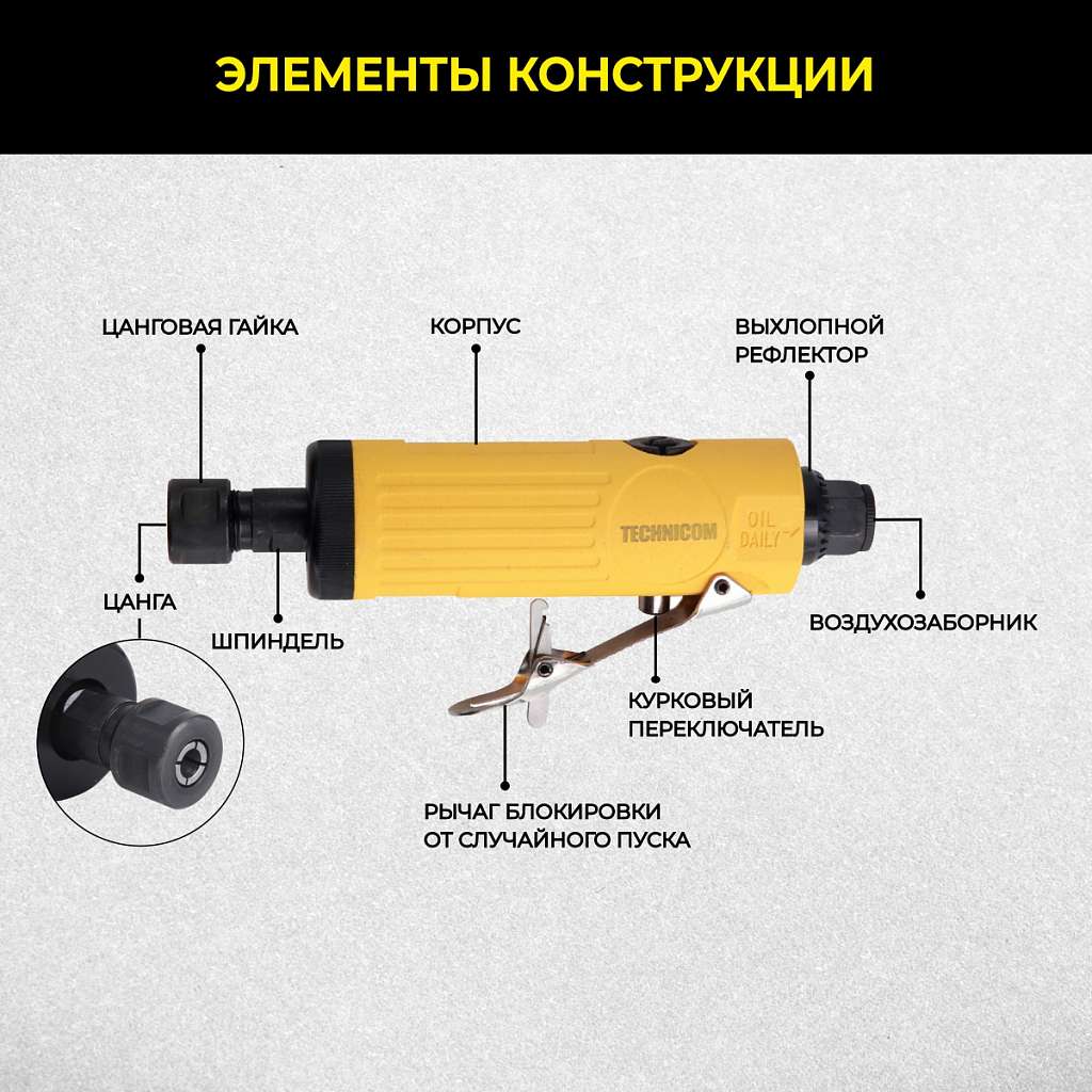 Прямая пневматическая шлифовальная машина Technicom TC-DG2011, цанга 3мм, 6,3 Бар, 113 л/мин, 22000 об/мин