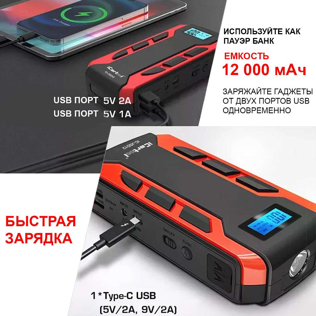 Пусковое устройство 12В, 12 000 мАч, 500/800А iCartool IC-JSD12