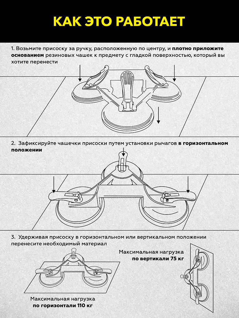 Присоска вакуумная алюминиевая 3 чашки 120 мм TECHNICOM TC-L3110