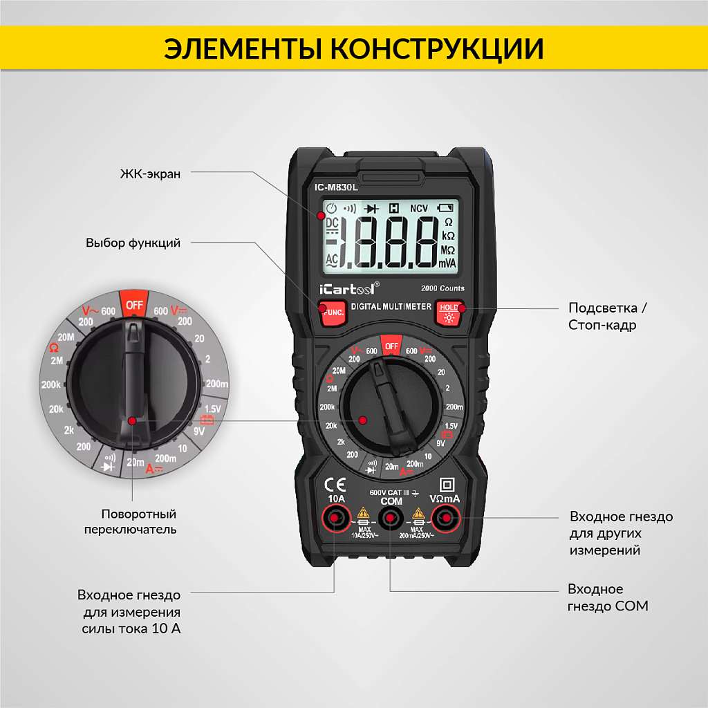 Мультиметр цифровой iCartool IC-M830L